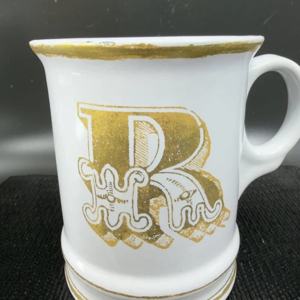 Williams Sonoma Brushed Gold Monogram Letter R Ceramic White Gold Coffee Mug Cup